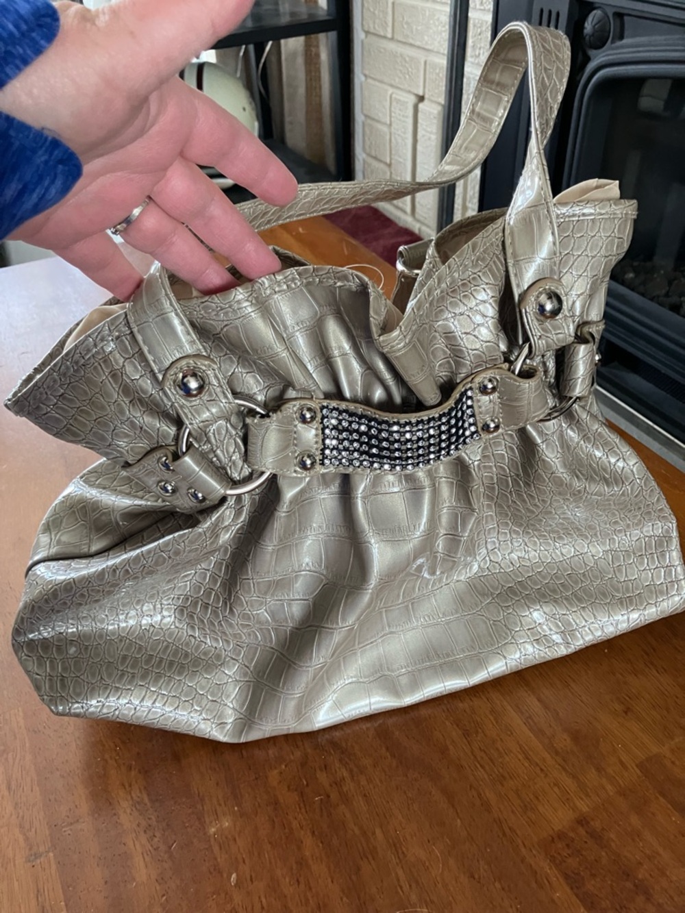 Metallic Croc-Embossed Tote Purse with Crystal Accent